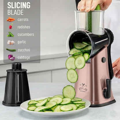 Zulay Kitchen Rotary Cheese Grater 5 Blade Cheese Shredder - Manual Hand Crank Cheese Grater With Reinforced Suction & 5 Interchangeable Drums - Easy to Use, Vegetable Chopper Round Mandoline Slicer - Colors B