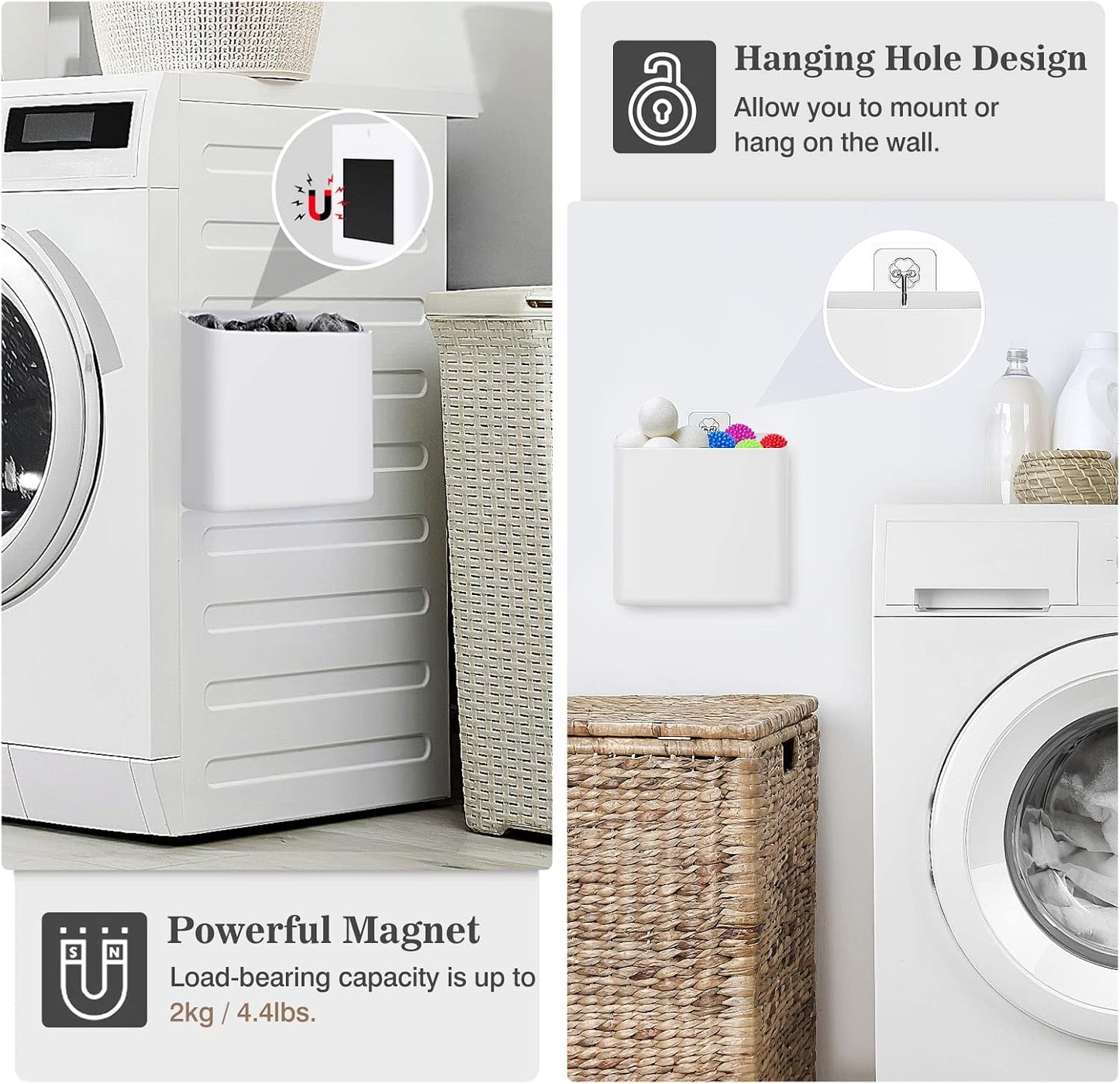 MoKo Magnetic Lint Bin for Laundry Room, White | Wide organizer holds lint, dryer sheets and detergent pods; magnetic back supports up to 4.4 lb, or use the hanging hole.