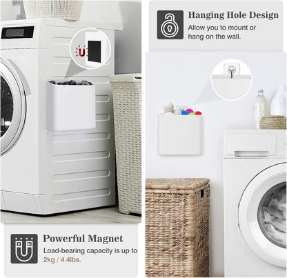 MoKo Magnetic Lint Bin for Laundry Room, White | Wide organizer holds lint, dryer sheets and detergent pods; magnetic back supports up to 4.4 lb, or use the hanging hole.