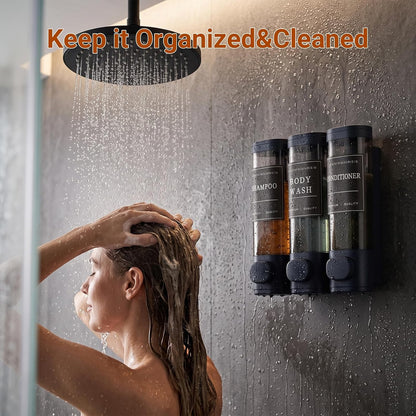 Shampoo and Conditioner Dispenser,Shower Soap Dispenser 3 Chamber No Drill Wall-Mounted for Bathroom & Hotel Leak-Proof Pumps, for Thick Liquids Like Conditioner - 1050ML High Capacity, Dark Blue
