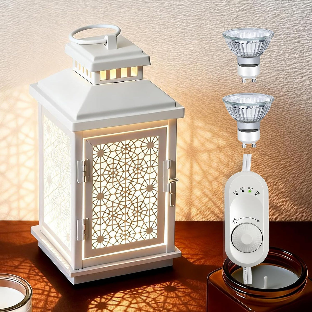 White Candle Warmer Lamp with Timer, Dimmable Farmhouse Lantern