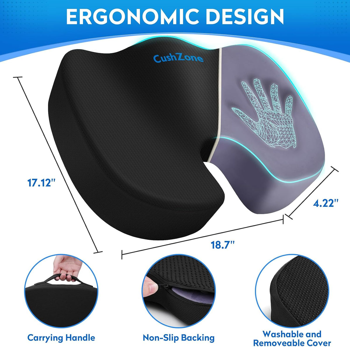 CushZone Seat Cushion Memory Foam Chair Pad for Office & Car, Black