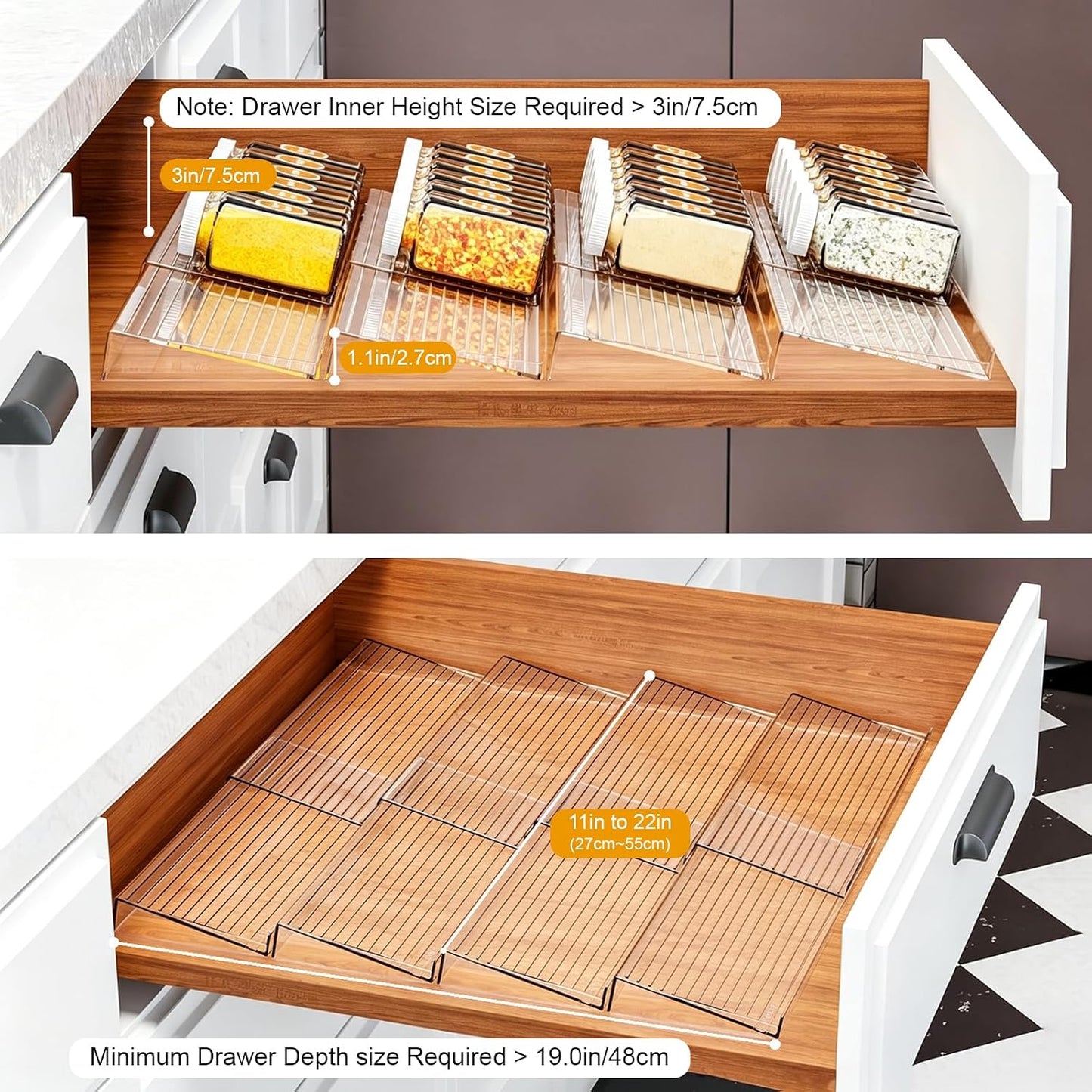 16 Pack Acrylic Drawer Seasoning Organizer, Expandable From 11''-22'' | Tiered Clear Spice Tray, Adjustable In Drawer Spice Organizer for Spices, Condiment, Nail Polish and Jar Organization