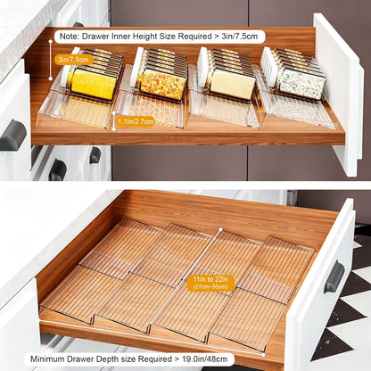 16 Pack Acrylic Drawer Seasoning Organizer, Expandable From 11''-22'' | Tiered Clear Spice Tray, Adjustable In Drawer Spice Organizer for Spices, Condiment, Nail Polish and Jar Organization