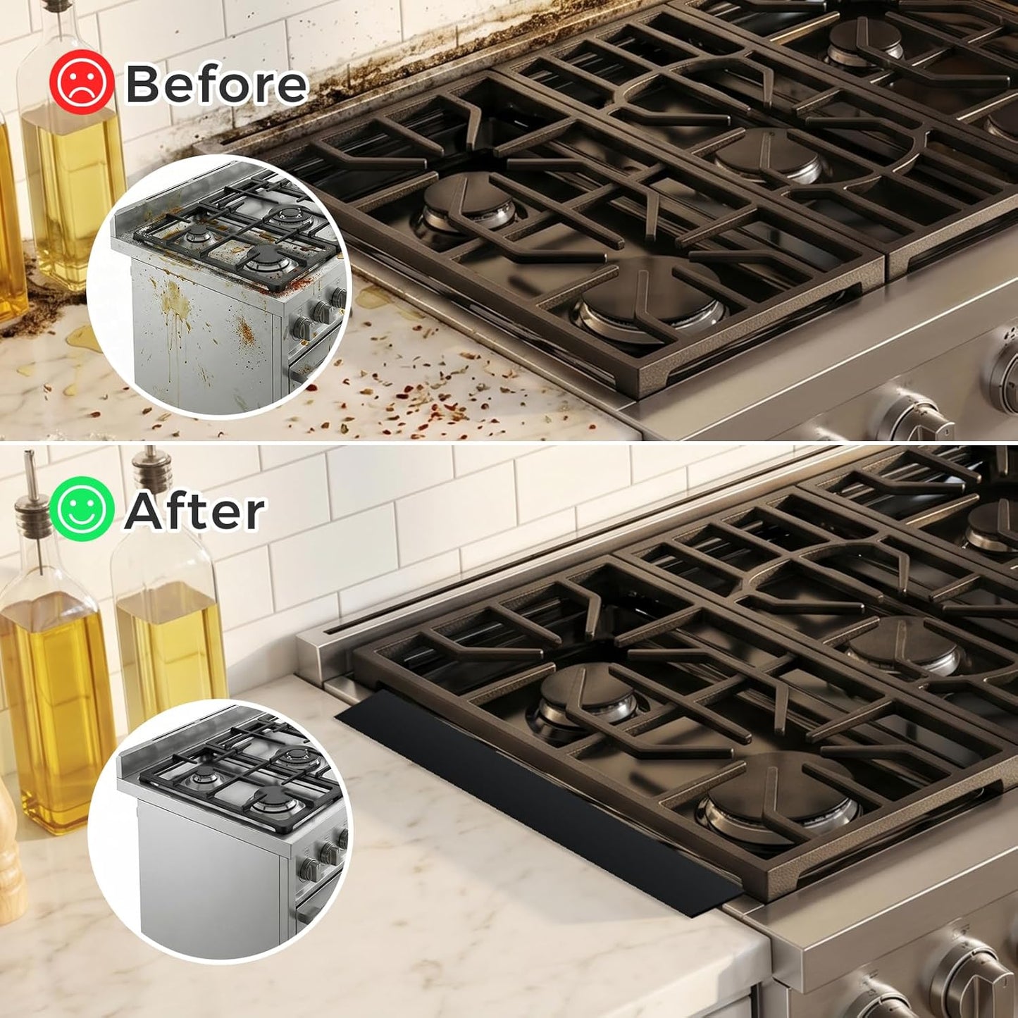 Silicone Stove Gap Covers with Stainless Steel, Oven Gap Filler Seals Gaps Between Stovetop and Counter, Stove Gap Guards Range Trim Kit, Easy to Clean Stove Gap Guard (Black 2 Pack,25")