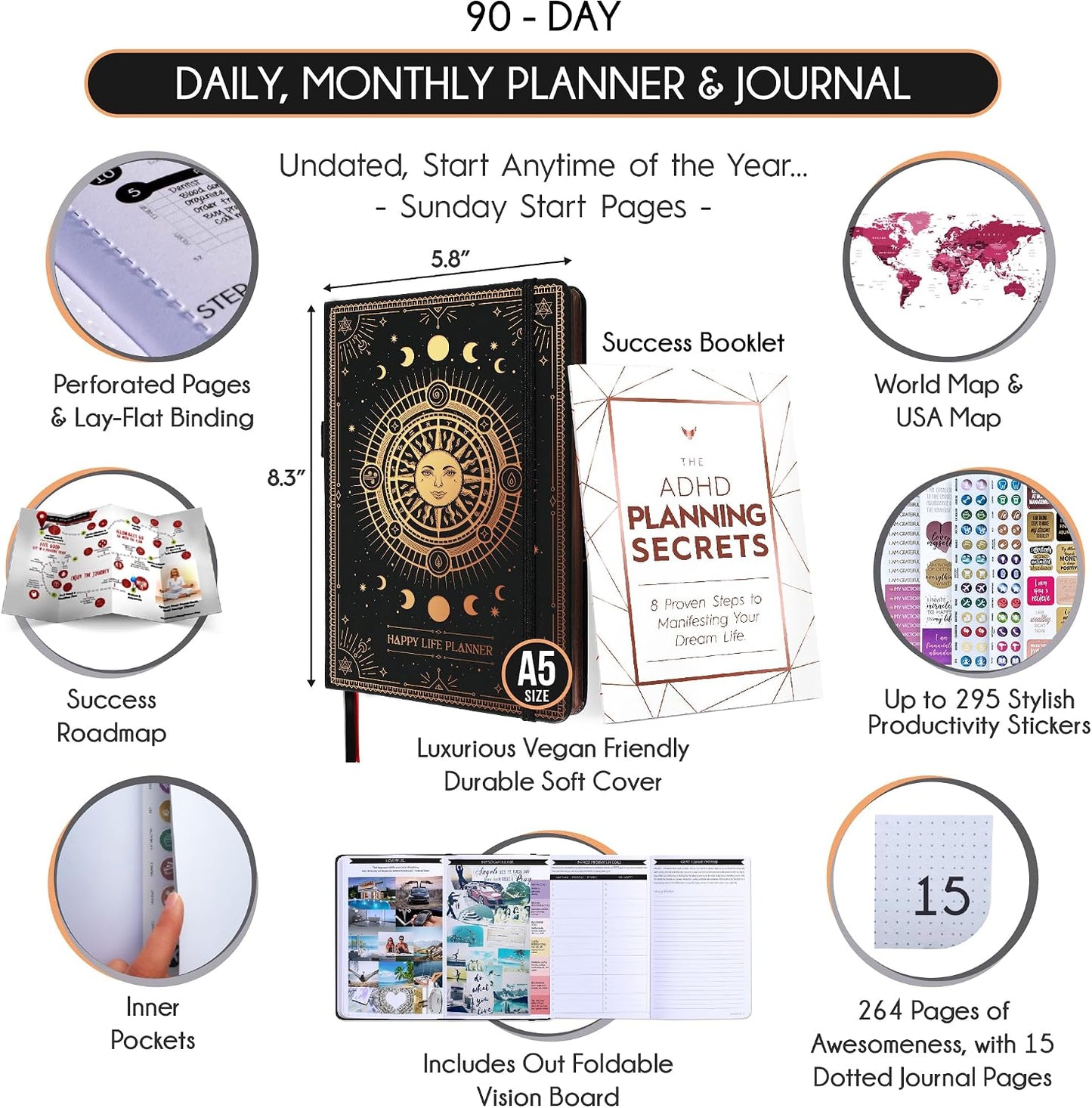 Freedom Mastery Daily Journal of Gratitude, Productivity & Habit Tracker | Undated 90-Day Planner with Daily Reflection, Mindfulness, Positivity, Vision Board & Stickers, Gratitude Journal for Women