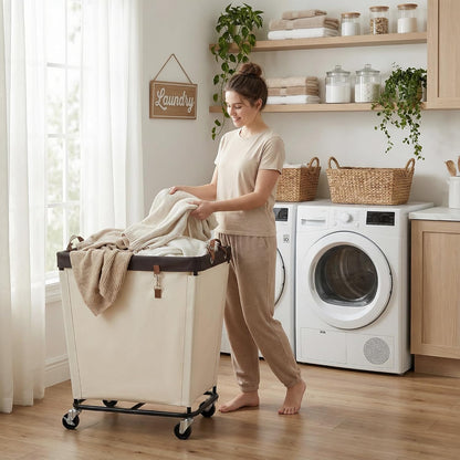 StorageWorks 160L Laundry Basket with Wheels, Rolling Hampers for Clothing | Beige Laundry Basket with Wheels, Metal Frame & Handles, Rolling Hamper for Bedroom, Bathroom, Dorm, Hotel