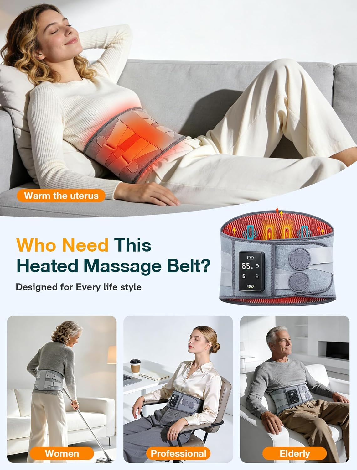 ALLJOY Cordless Heating Pad for Back 67", FSA Eligible Lower Back Massager | Portable Back Heating Pad with Massager for Back, Birthday Gifts for Women Men, 40Mins Auto-off, 3 Heat 5 Vibration - Gray