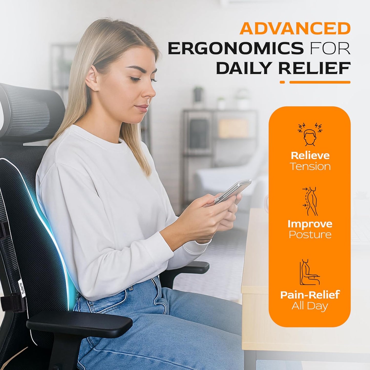 TULARIS Extra Dense Lumbar Pillow with Double Adjustable Straps - Ergonomic Lumbar Support Pillow for Office Chair, Car, Couch Firm Back Support for Lower Back & Spine Pain Relief Memory Foam Cushion