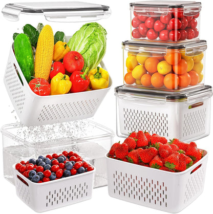 8-Pack Fruit Storage Containers for Fridge, Leakproof Fruit Containers for Fridge with Colanders, BPA-Free Produce Storage Containers with Lids Keep Fruits, Vegetables, Berry, Meat Fresh longer