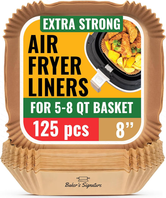 Air Fryer Paper Liners, 125Pcs Air Fryer Disposable Liners | Non-Stick and Oil Proof for Easy Cleanup, 8" Square for 5-8 qt Basket by Baker's Signature