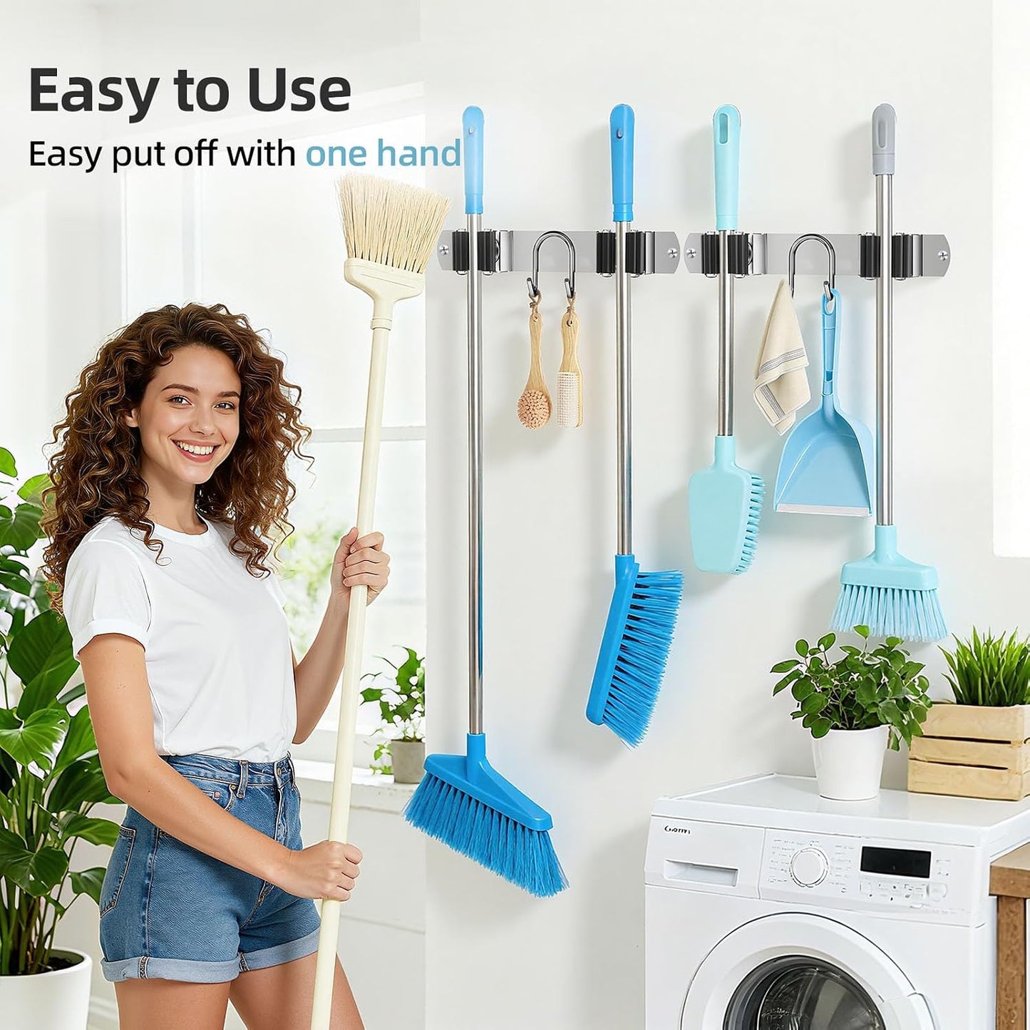 Broom Holder Wall Mount, Stainless Steel Mop and Broom Organizer, Broom Hanger with 2 Slots 2 Hooks for Home Kitchen, Garage, Garden and Laundry Room, Black