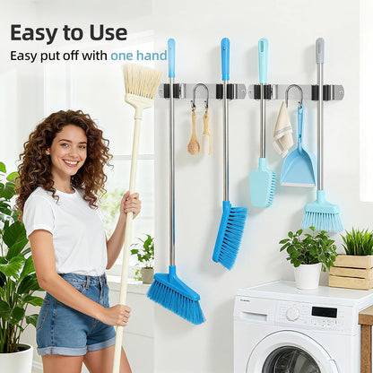 Broom Holder Wall Mount, Stainless Steel Mop and Broom Organizer, Broom Hanger with 2 Slots 2 Hooks for Home Kitchen, Garage, Garden and Laundry Room, Black