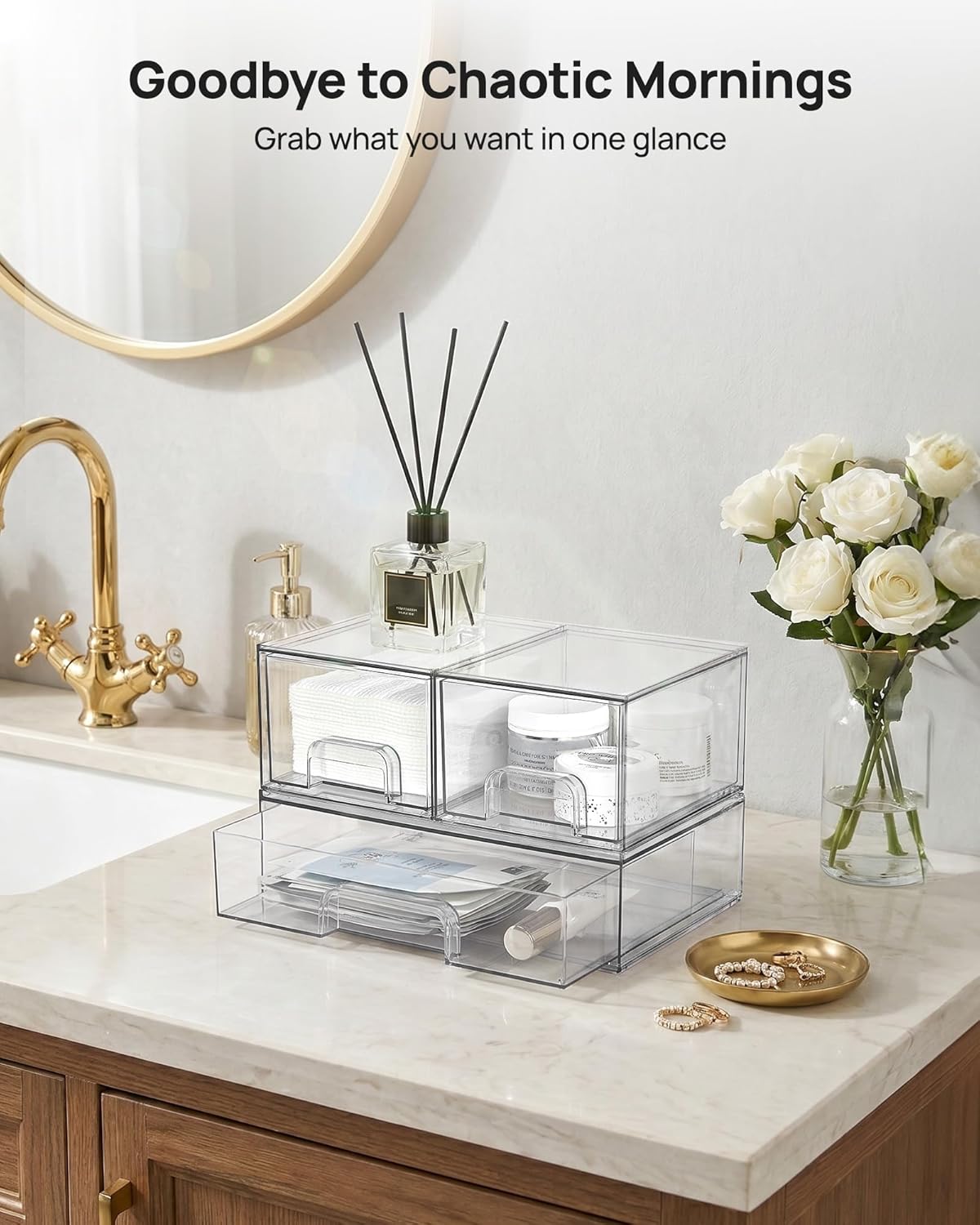 Vtopmart Clear Stackable Storage Drawers Set of 6, Plastic Organizer Bins | Multi-purpose Boxes for Bathroom Accessories Storage, Ideal for Cabinet, Shelf, Pantry, Laundry Room Organization