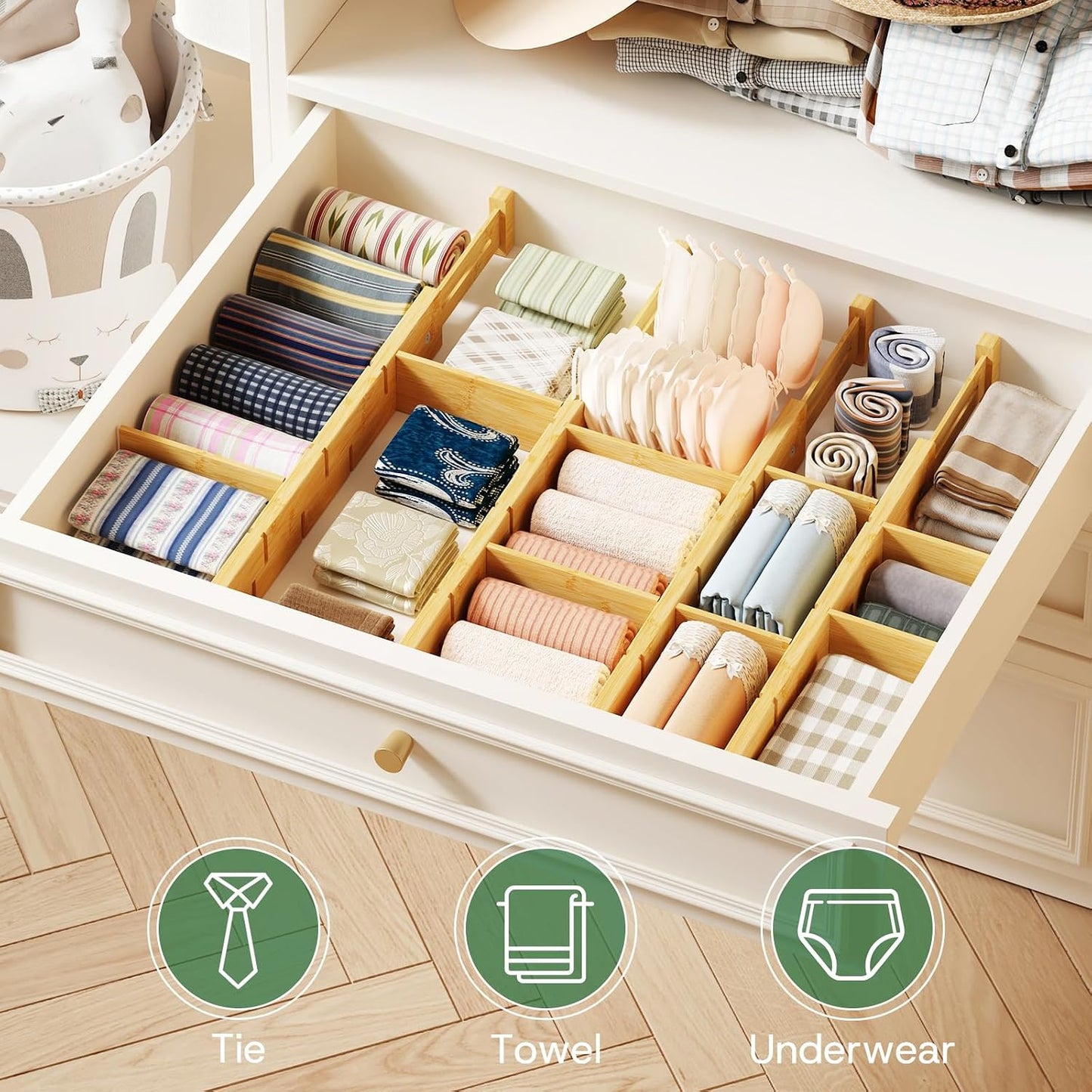 kiplant Kitchen Drawer Dividers - Adjustable Drawer Organizer for Clothes, Kitchen, Closet & Office - 8 Pack with Inserts, 18-22.6 Inches, Non-Slip Silicone Ends