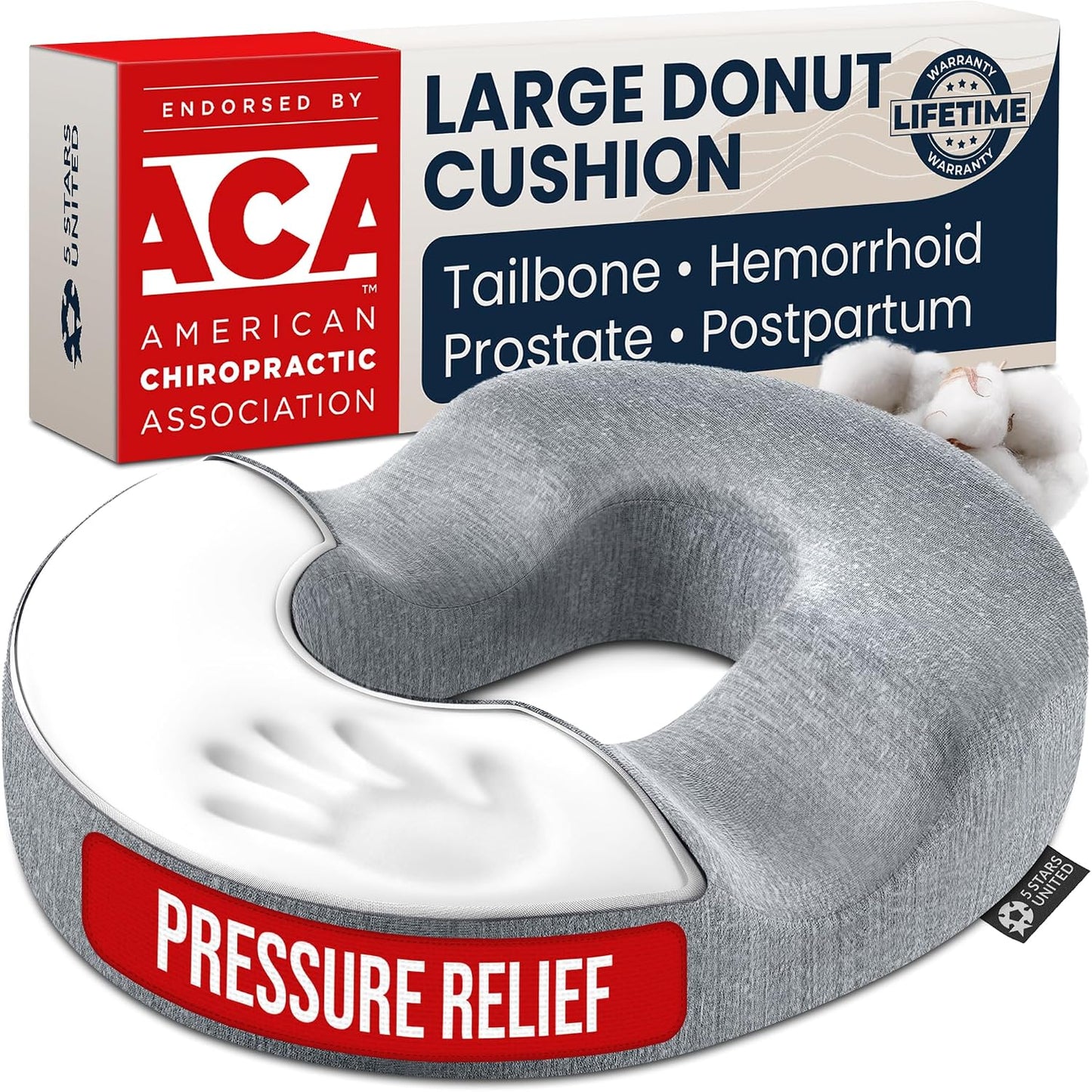 5 STARS UNITED Donut Pillow for Tailbone Pain & Hemorrhoids – Large Memory Foam Seat Cushion for Bed Sore-Prone Areas & Pressure Relief – Prostate, Postpartum & Pregnancy Support, Black Mesh Cover