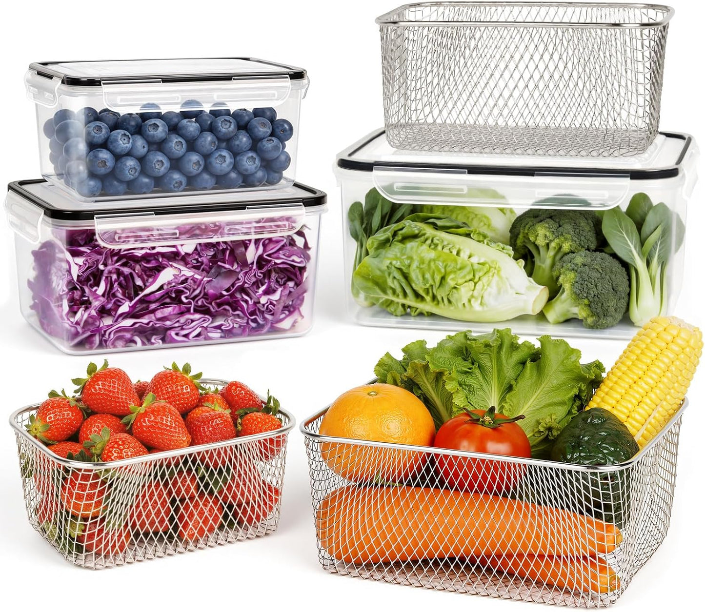 5 PCS Large Fruit storage Containers for Fridge ,Food Storage Containers | with Removable Colander Leakproof Dishwasher & Microwave safe Produce Containers Keep Fruits Vegetables Berry Fresh longer