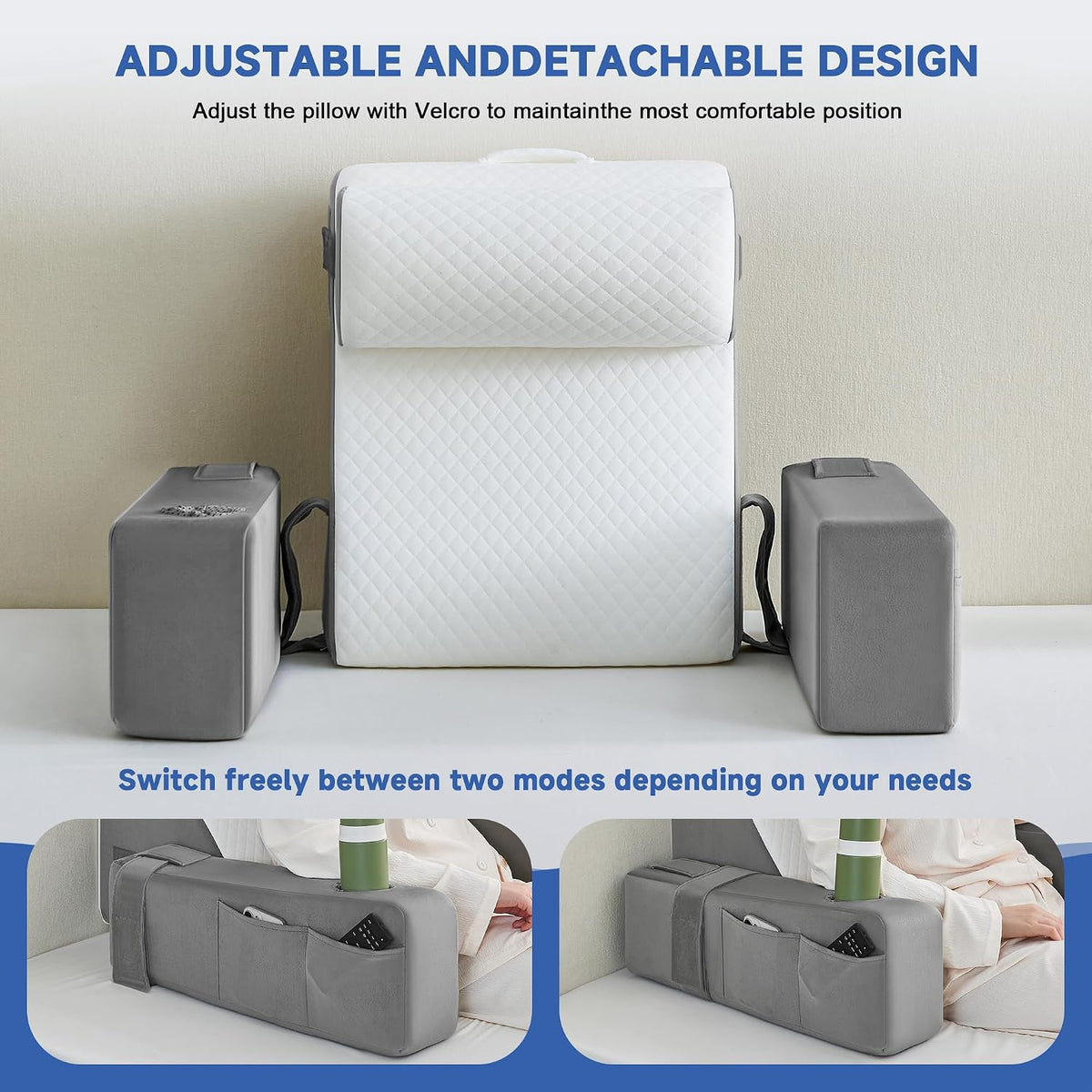 Reading Pillow for Sitting in Bed Adult, Back Pillow for Bed Sitting up with Arms, Pockets and Cup holder, Sit Up Backrest Pillows for Beds Chair Support, Rest Pillow for Gaming (Light gray)