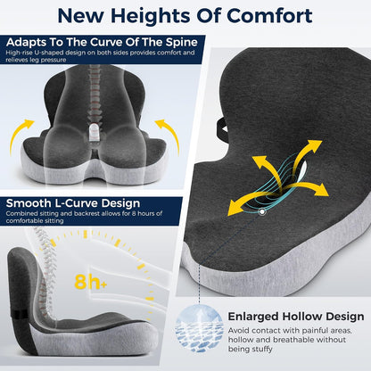 Seat Cushion, Office Chair Cushions for Tailbone Relief, Seat Cushions for Office Chair with L-Shaped Ergonomic Design & Adjustable Strap, Memory Foam Chair Cushion for Long Sitting (Black Gray)