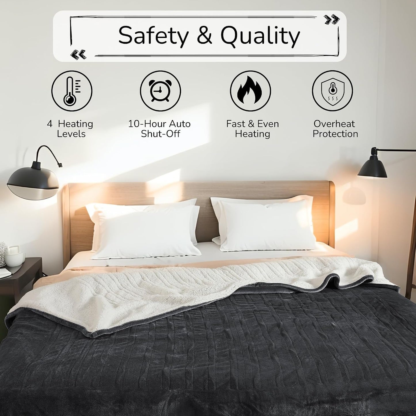 Electric Heated Blanket Full Size 72"x84" – Light Gray | ETL for Safe Overnight, 4 Heat Settings & 10H Auto Off, Dual-Sided Microplush Sherpa for Home Night, Machine washable