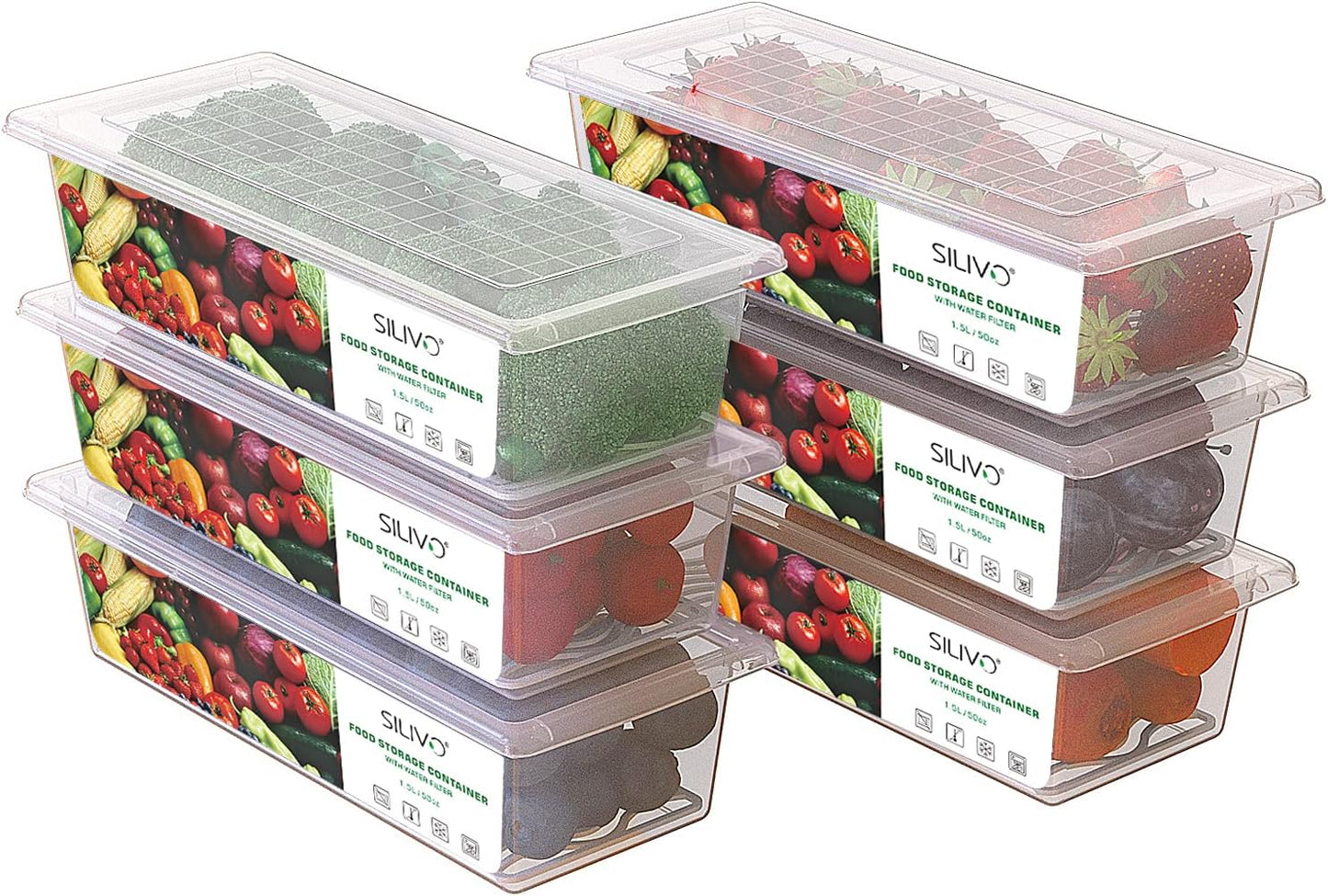 SILIVO Fruit Storage Containers for Fridge (3 Pack) - 1.5L Produce Saver Containers for Refrigerator with Removable Drain Tray Keep Fresh for Produce, Bacon, Fruits and Vegetables