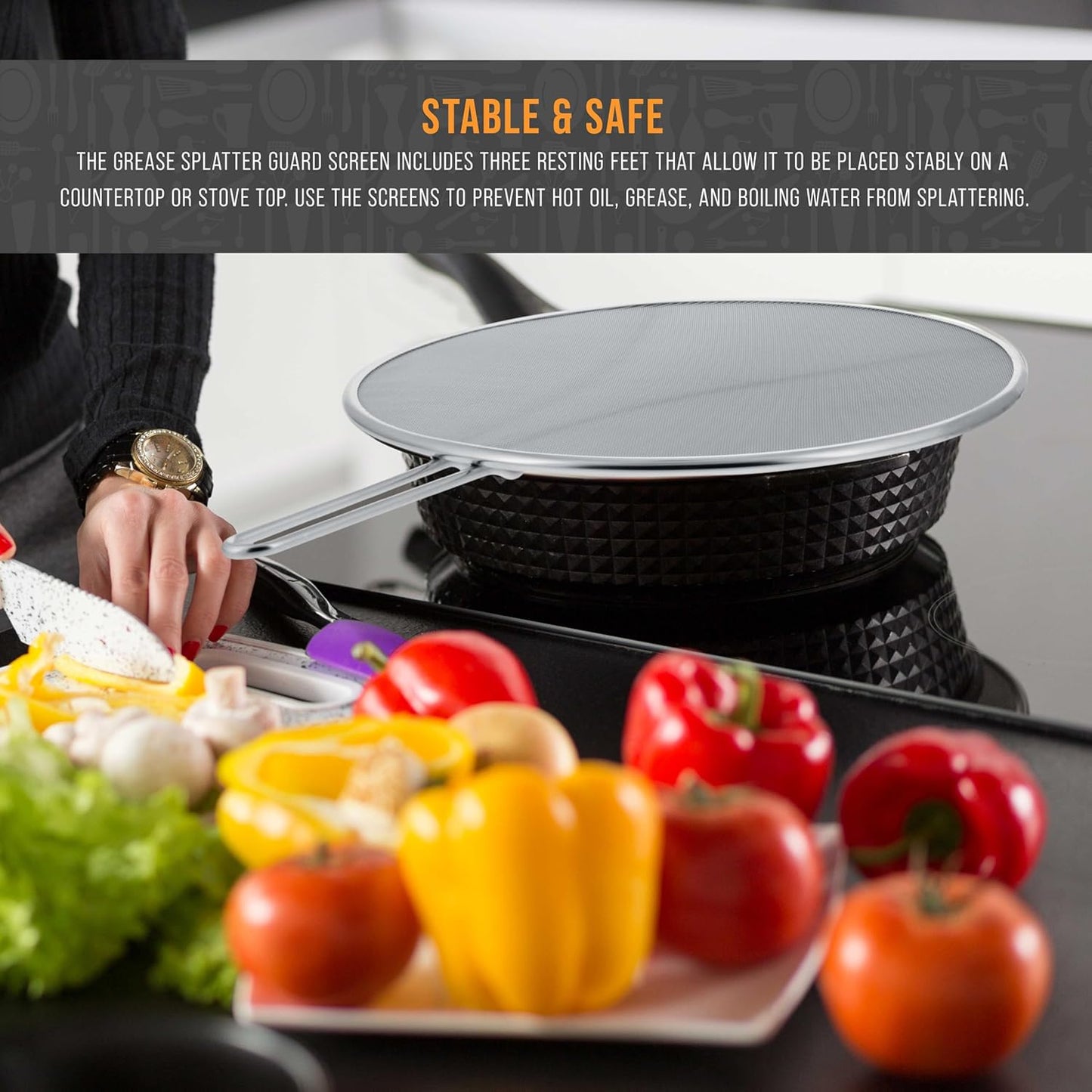 U.S. Kitchen Supply Stainless Steel Splatter Guard 13" Fine Mesh Cover, Grease & Oil, Splatter Screen for Frying Pan, Cooking Pots, with Resting Feet