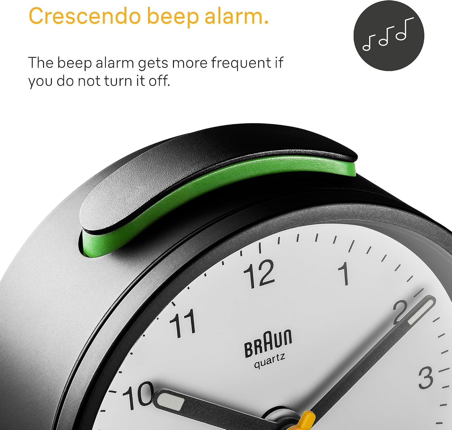 Braun Classic Analogue Alarm Clock with Snooze and Light, Quiet Quartz Movement, Crescendo Beep Alarm in White, Model BC12W.