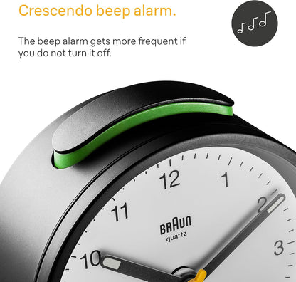 Braun Classic Analogue Alarm Clock with Snooze and Light, Quiet Quartz Movement, Crescendo Beep Alarm in White, Model BC12W.