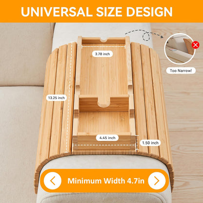 GEHE Bamboo Couch Cup Holder, Anti-Spill Sofa Arm Tray, Natural and Easy to Clean Couch Arm Cup Holder Armrest Tray Perfect for Cups, Beers, Snacks, Remote Control, Drinks