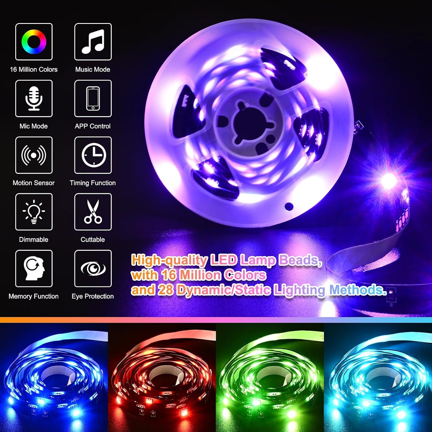 Motion Sensor LED Light Strip 19.68ft 3M*2 Sets Under Bed Lights |3 Modes |Music Sync |Timer | RGB Color Changing |Remote & App Control |Dimmable Motion Activated LED Night Light for Bedroom Cabinet