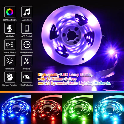 Motion Sensor LED Light Strip 19.68ft 3M*2 Sets Under Bed Lights |3 Modes |Music Sync |Timer | RGB Color Changing |Remote & App Control |Dimmable Motion Activated LED Night Light for Bedroom Cabinet