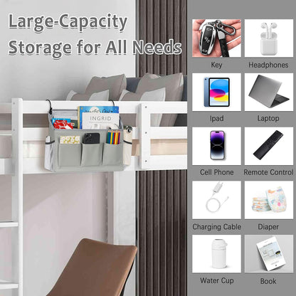 Loghot Bedside Caddy Organizer Bed Storage Bag for Dorm Hospital Crib White | 7 pockets bedside hanging organizer for phone books remotes, fits dorm hospital crib bunk beds, keeps organized easy access