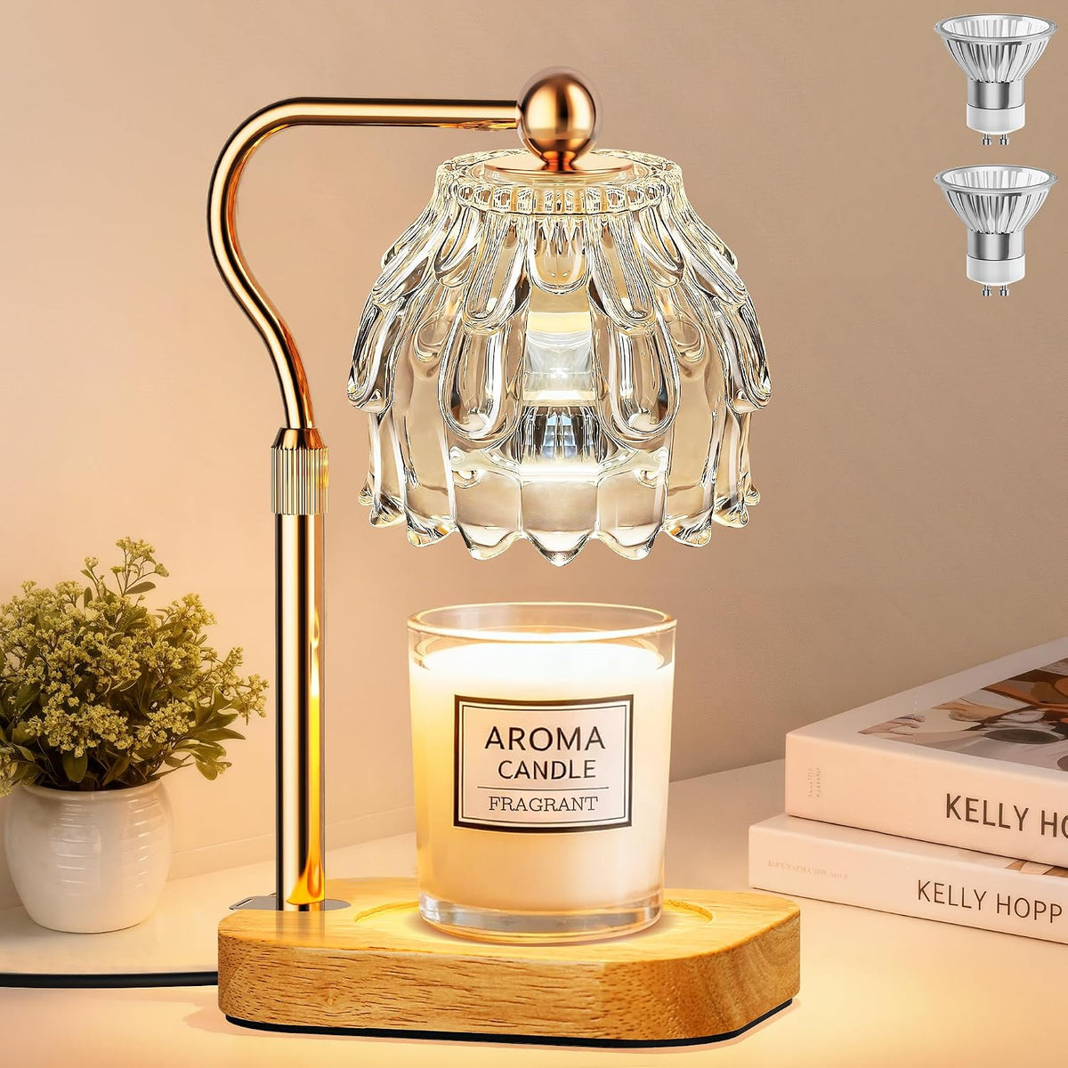 Candle Warmer Lamp with Timer Dimmer, Modern Wax Warmer for Scented Wax Jar Candle Warmer with 2 Bulbs, Adjustable Height Glass Lamp for Gifts for Women, Home Decor, Gold Amber