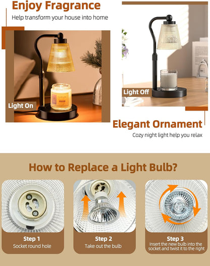 Candle Warmer Lamp for Jar Candles, Height Adjustable & Dimmable with 2/4/8H Timer, 2*50W Halogen Wax Melter Warmer for Home Office Décor, Flameless & Smokeless, Gift for Women Mom, Black-Clear/1 Pack