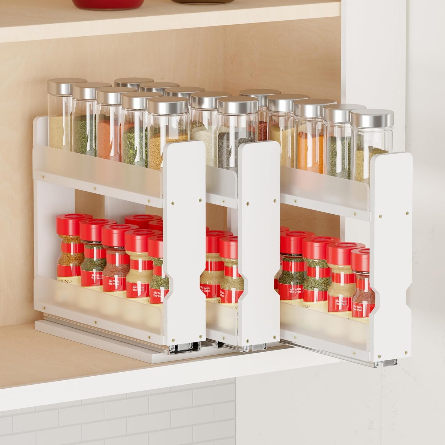 SpaceAid Bamboo Pull Out Spice Rack Organizer for Cabinet, Heavy Duty Slide Out Seasoning Kitchen Pantry Sliding Vertical Organization, 7.6" Wide, 3 Drawers(2" Wide), 2-Tier, Natural