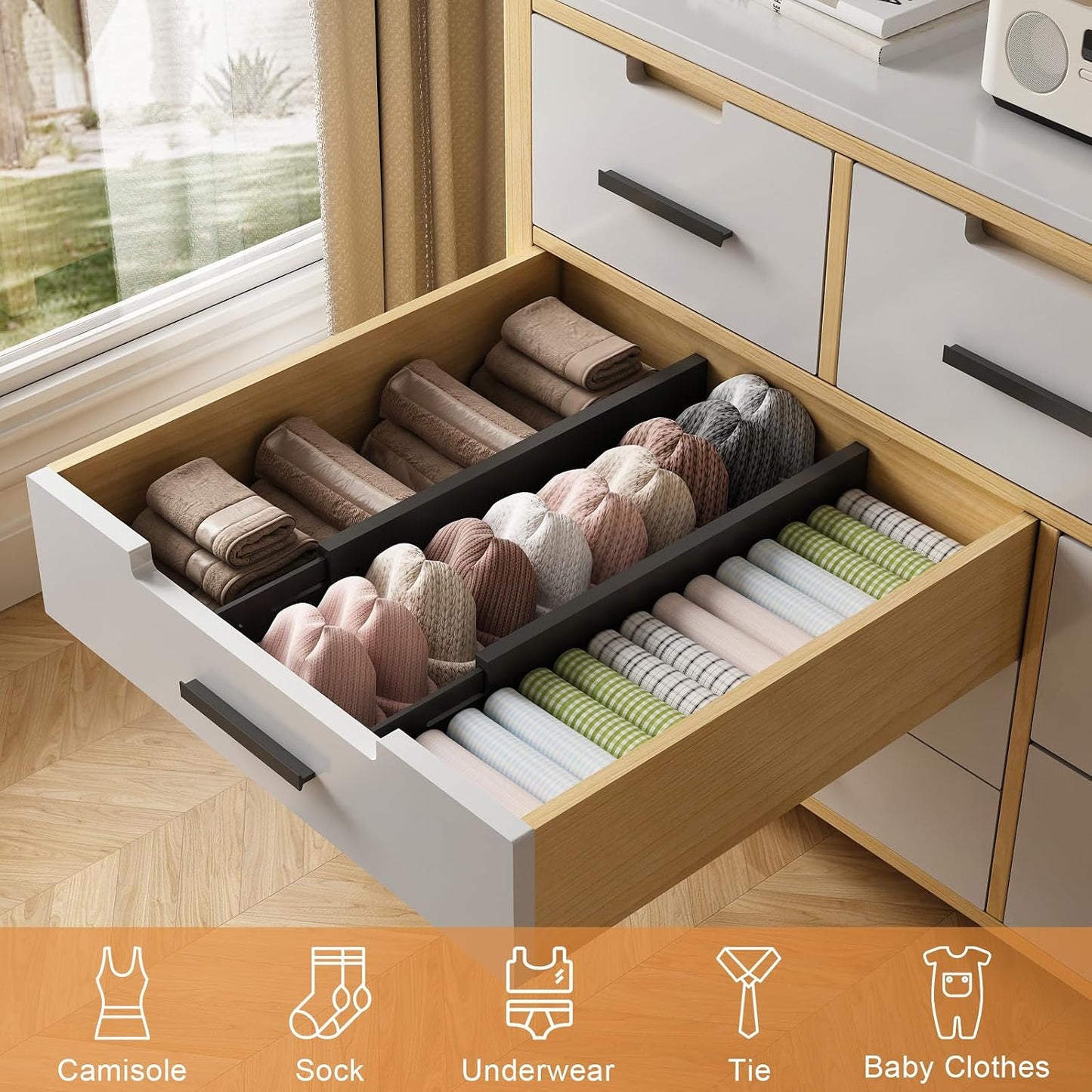 Bamboo Drawer Dividers, Adjustable Drawer Organizers, Fits 12.6–16" Drawers | 2.5" High, 4 Pack Expandable Drawer Separators for Kitchen, Nursery, Dressers & Office Storage, Natural