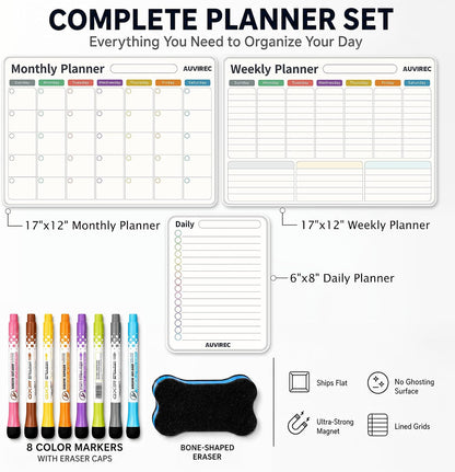 Magnetic Calendar for Refrigerator, Fridge Calendar 3-Pack | Monthly Weekly Daily Dry Erase Calendar Planner Set with Nano-Tech Surface, 17"x12" Magnetic Whiteboard, 8 Markers & Eraser