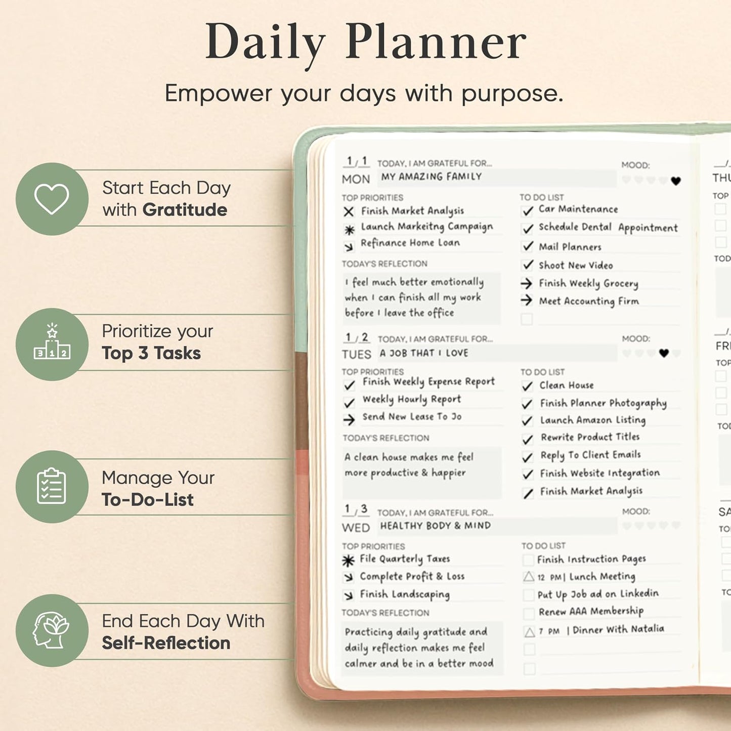 2026 Planner, Daily Journal & Gratitude Journal All-In-One with To Do List, Self Care Prompts & Habit Tracker - 7 x 10 - Pink