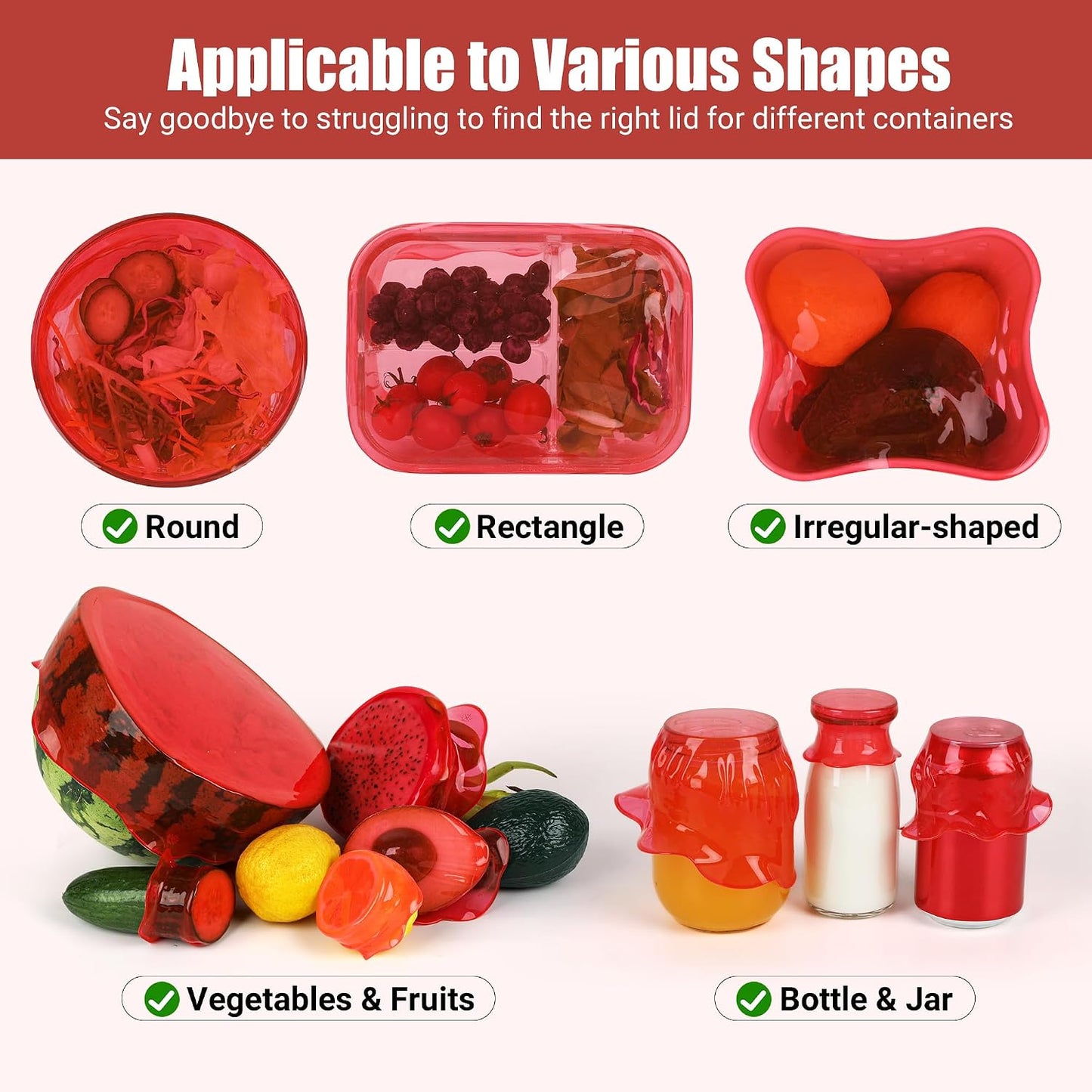 Silicone Stretch Lids for Food Storage in Fridge, Reusable Elastic Bowl Covers for Cup, Cans, Jars, Round & Rectangle Container, Food Grade Silicone Microwave Food Cover, Heat-Resistant, 6PCS