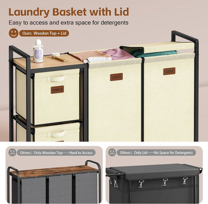 Hoctieon 4 Section Laundry Cart, 52.8 Gal. (200L) Laundry Hamper with Lid, Laundry Basket with Wheels, Rolling Laundry Sorter Organizer with Shelf, Clothes Separator with Removable Bags, Black