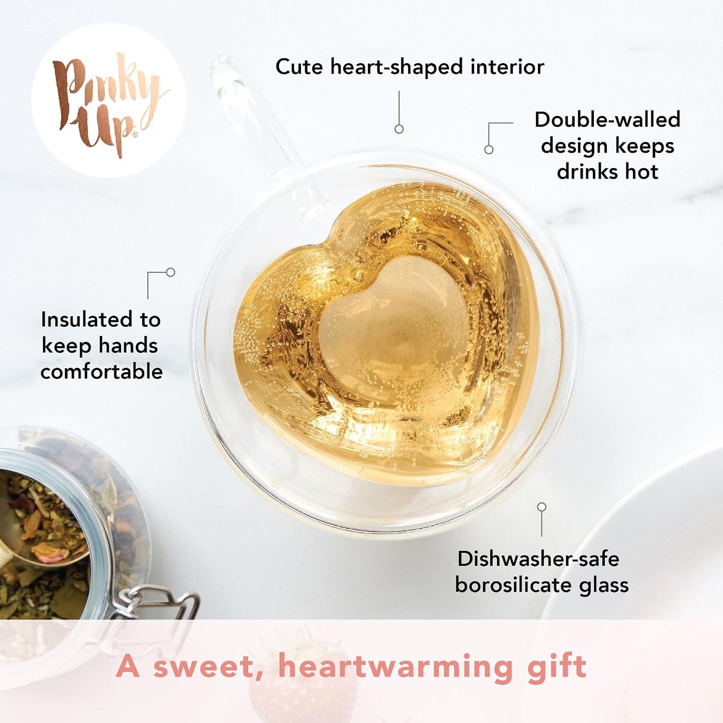 Pinky Up Blake Tea Infuser Mug with Lid, Glass Cups for Loose Leaf or Flowering Teas, Travel Mugs, Home Office, Picnic, Camping, 12 oz Set of 1, Clear