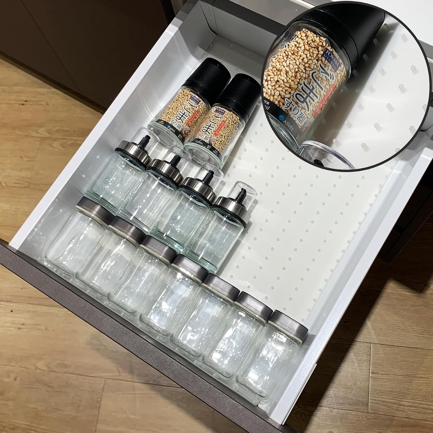 Spice Drawer Organizer Insert - Silicone Spice Drawer Liner Pearl | Adjustable non-slip liner organizer; in-drawer spice rack for seasoning jars, spice bottles, flat kitchen drawer organizer