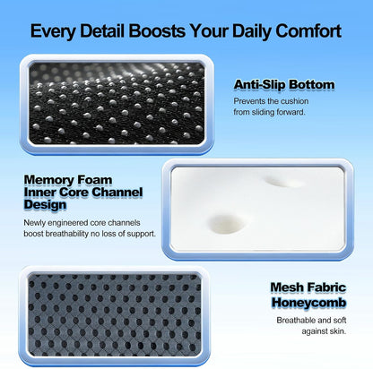 Ergonomic Memory Foam Seat Cushion Hemorrhoid Pillow for Hip Sciatica and Tailbone Pain Relief for Office Chair Car and Home (Black)