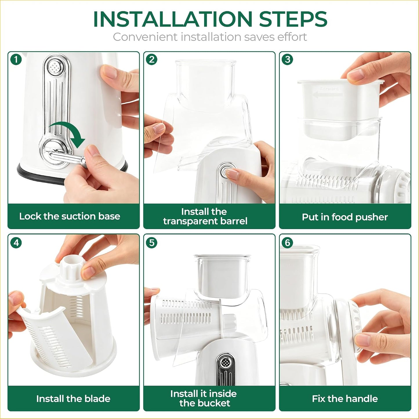 SUSTEAS Rotary Cheese Grater 5 Blades,Kitchen Mandoline Vegetable Slicer | White, Easy to Clean, Strong Suction Base, 5 Blades Storage Box, Round Mandoline Slicer & Food Chopper for Salad