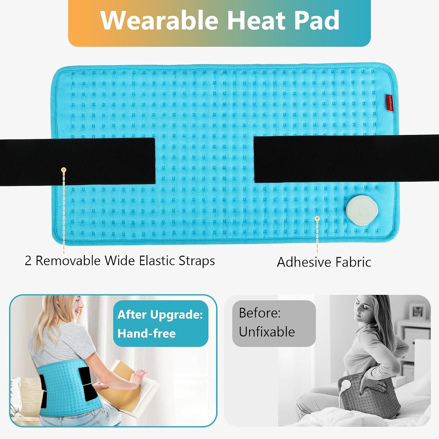 Comfytemp Wearable Heating Pad for Back & Period with 2 Elastic Straps, FSA Eligible 12"×24" Electric Large HSA Heated Pad for Neck Shoulder Leg Knee, Birthday Gifts for Women Men Mom Dad, Washable