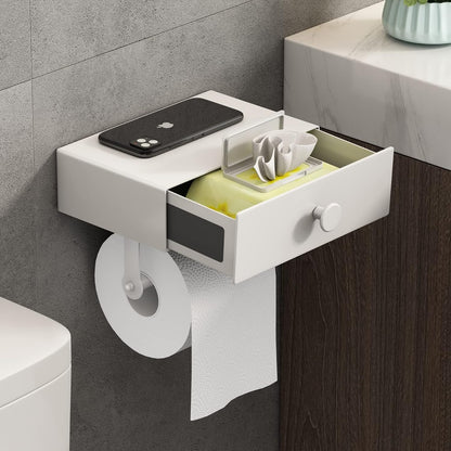 VOLDRA Toilet Paper Holder with Shelf Black Wipes Dispenser for Bathroom Toilet Paper Holder with Storage Upgrade Drawer Design Toilet Tissue Holder Adhesive Small Bathroom Shelf Wall Mount