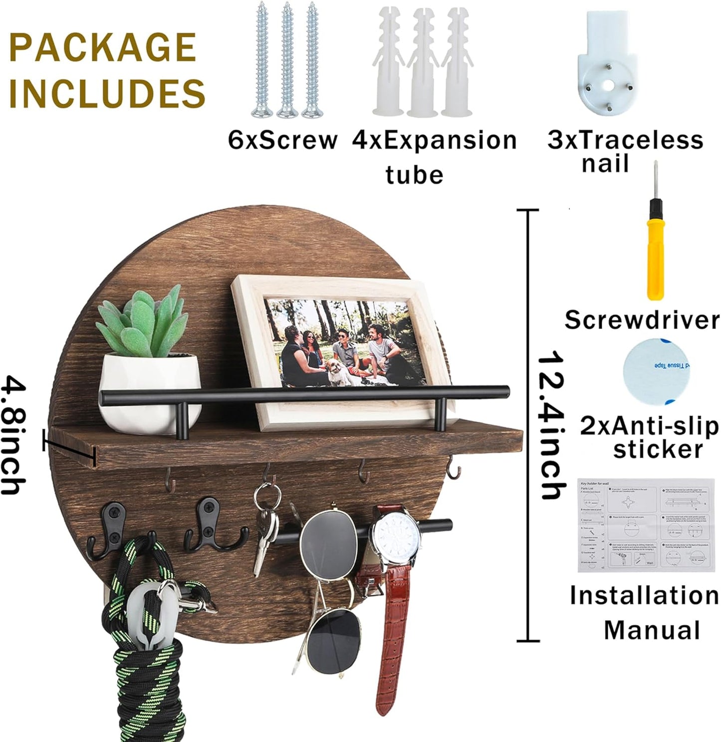 Key Holder for Wall Decorative with Shelf and Hooks, Mail Organizer Wall Mount with Sunglasses Holder, Circular Design Entryway Key Rack Hanger, Rustic Home Decor Boho Wall Decor (White)