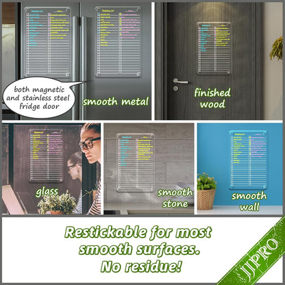 JJPRO Non-Magnetic Dry Erase Calendar for Fridge, Monthly Calendar, Weekly Planning Board Bundle for All Smooth Surfaces. Clear Reusable Calendar Stick to Fridge,Cabinet,Door&Glass
