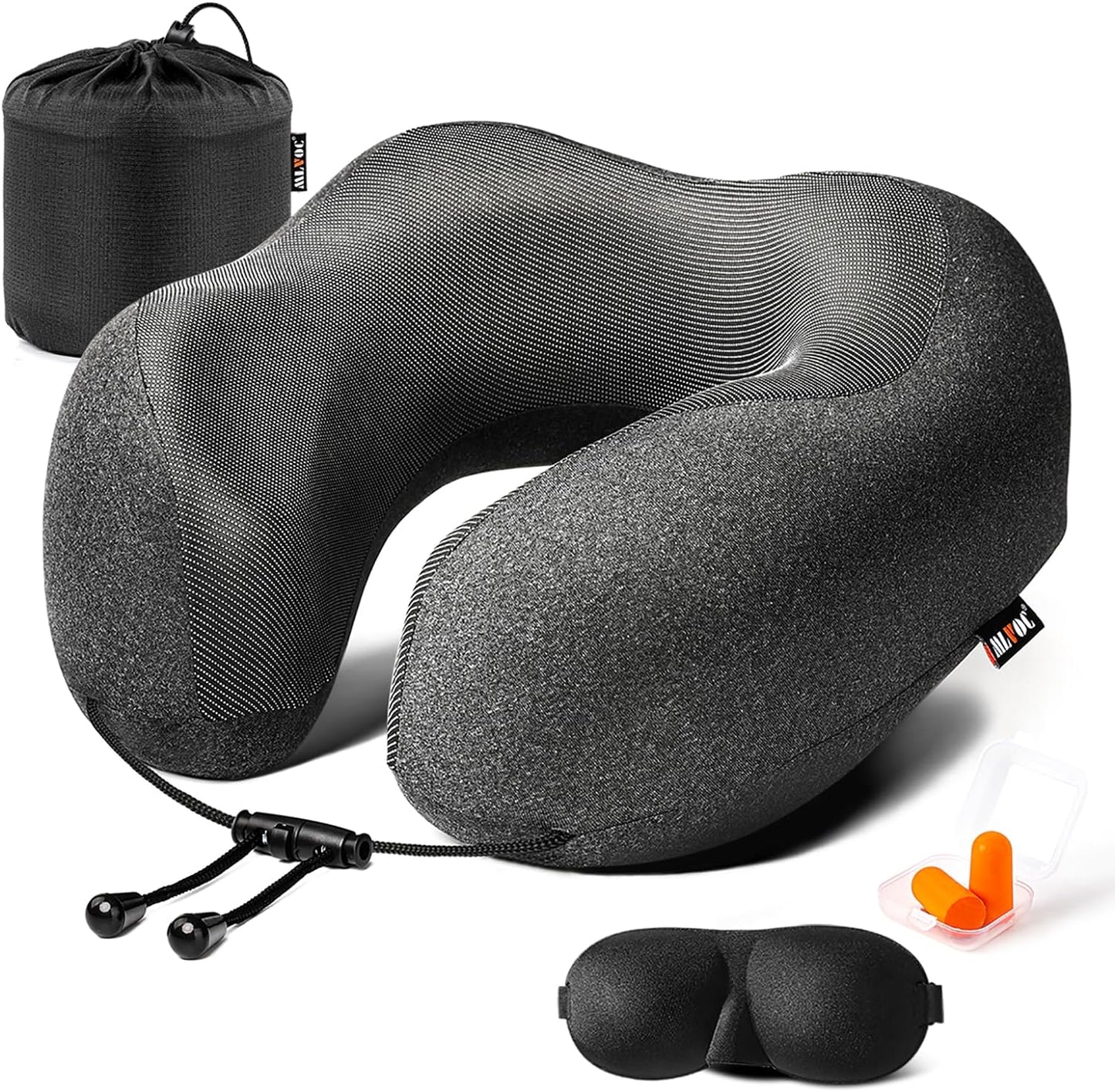 MLVOC Airplane Travel Neck Pillow for Sleeping, 3D-Eye Mask & Earplugs Kit | Curved Neck & Chin Support, Rope Lock Fit, Memory Foam Keeps It’s Shape, 3-in-1 Ki Includes: Eye Mask + Earplugs