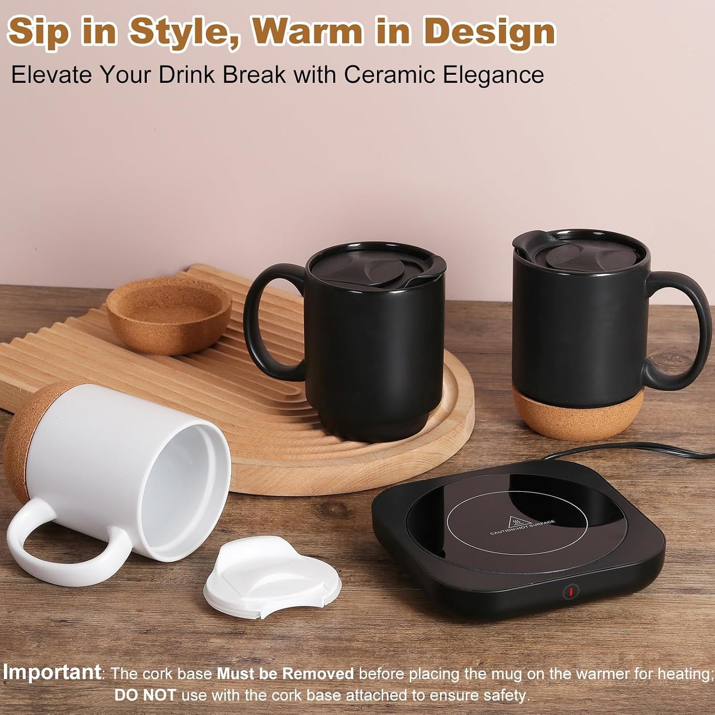 Coffee Mug Warmer & Mug Set for Desk, Electric Coffee Cup Warmer with Ceramic Mug, Smart Heated Coffee Mug with Auto Shut Off for Office/Home, Christmas/Birthday/Coffee Gifts for Men & Women, Wood